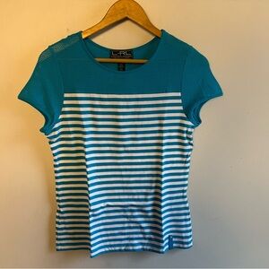 Lauren Ralph Lauren Teal and White Striped Short Sleeve Top